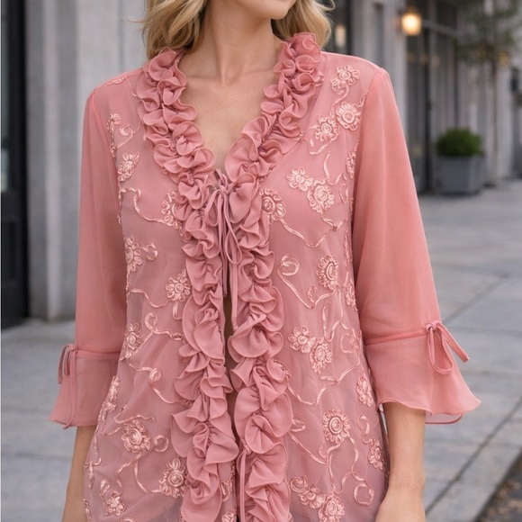 Y and S Tops - Vintage Pink Embroidered Ruffle Blouse Sheer Floral Tunic Top Boho Romantic